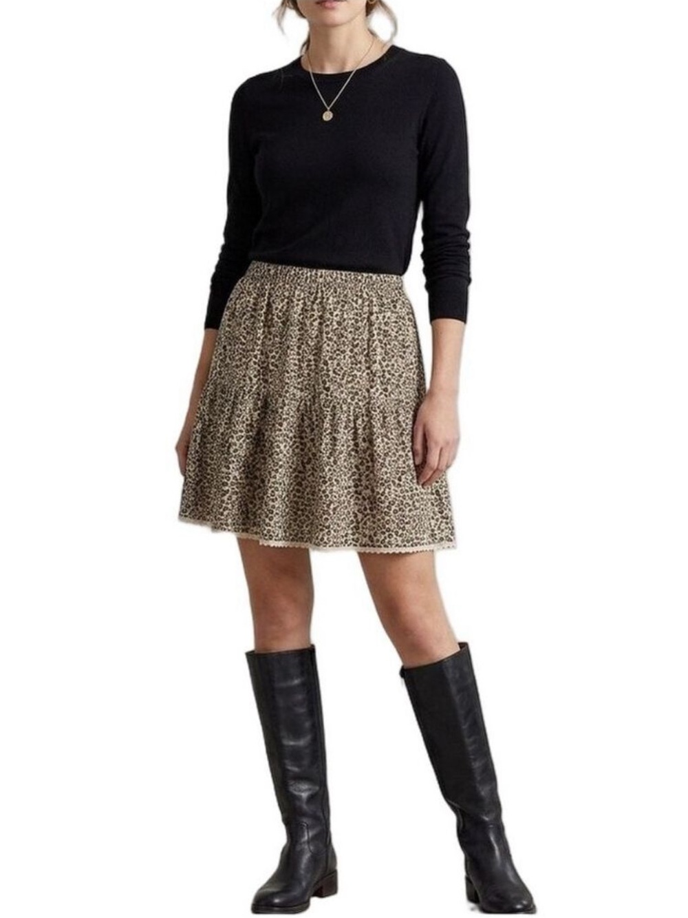 Kirious Los Angeles Brown Tan Leopard Print Tiered Knee Length Skirt Large